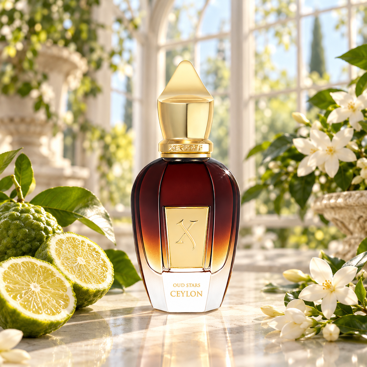 Xerjoff Oud Stars Ceylon Eau de Parfum 50ml bottle in a sunlit conservatory with bergamot and jasmine