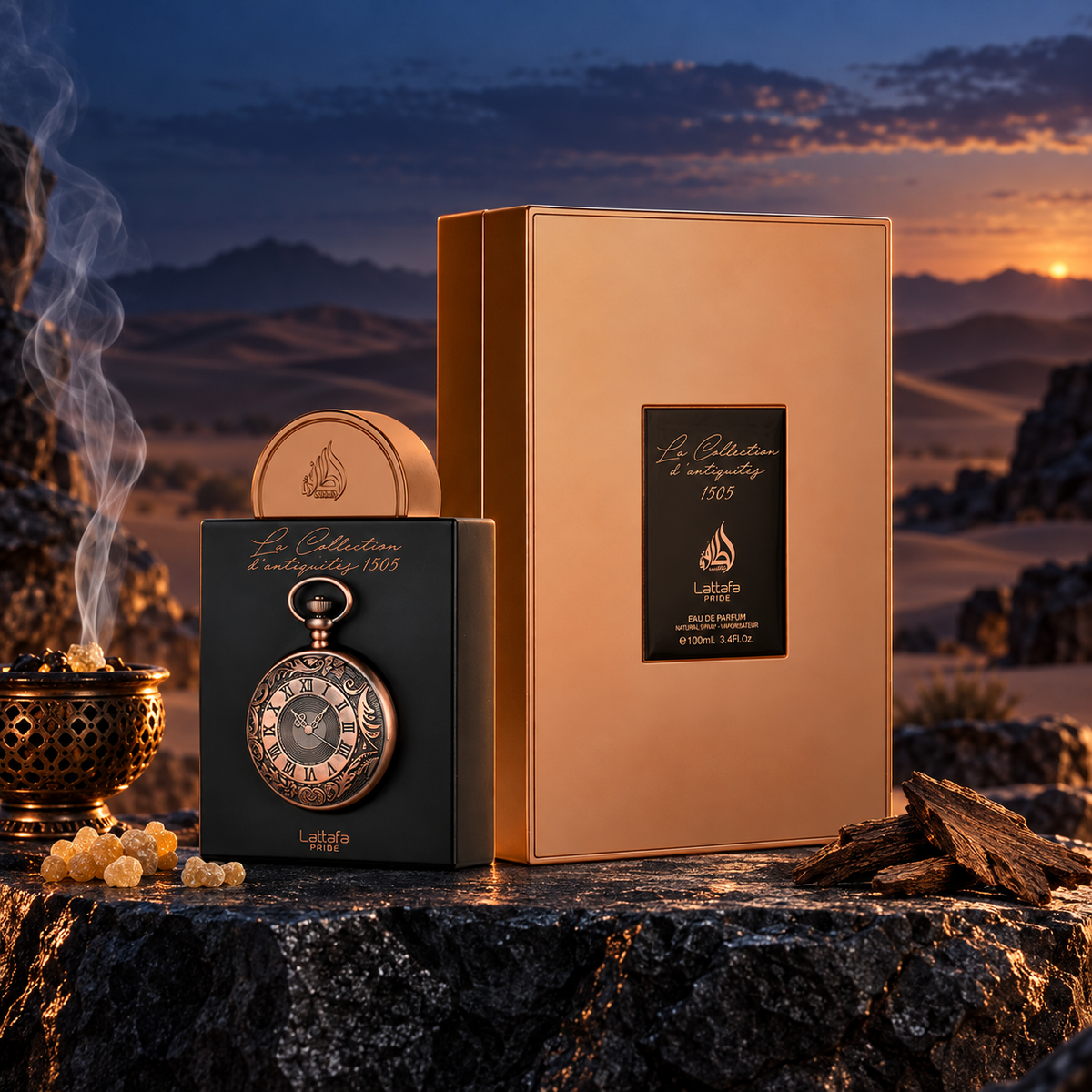 Lattafa Pride La Collection d'Antiquités 1505 Eau de Parfum 100ml bottle and box at desert dusk with olibanum and guaiacwood