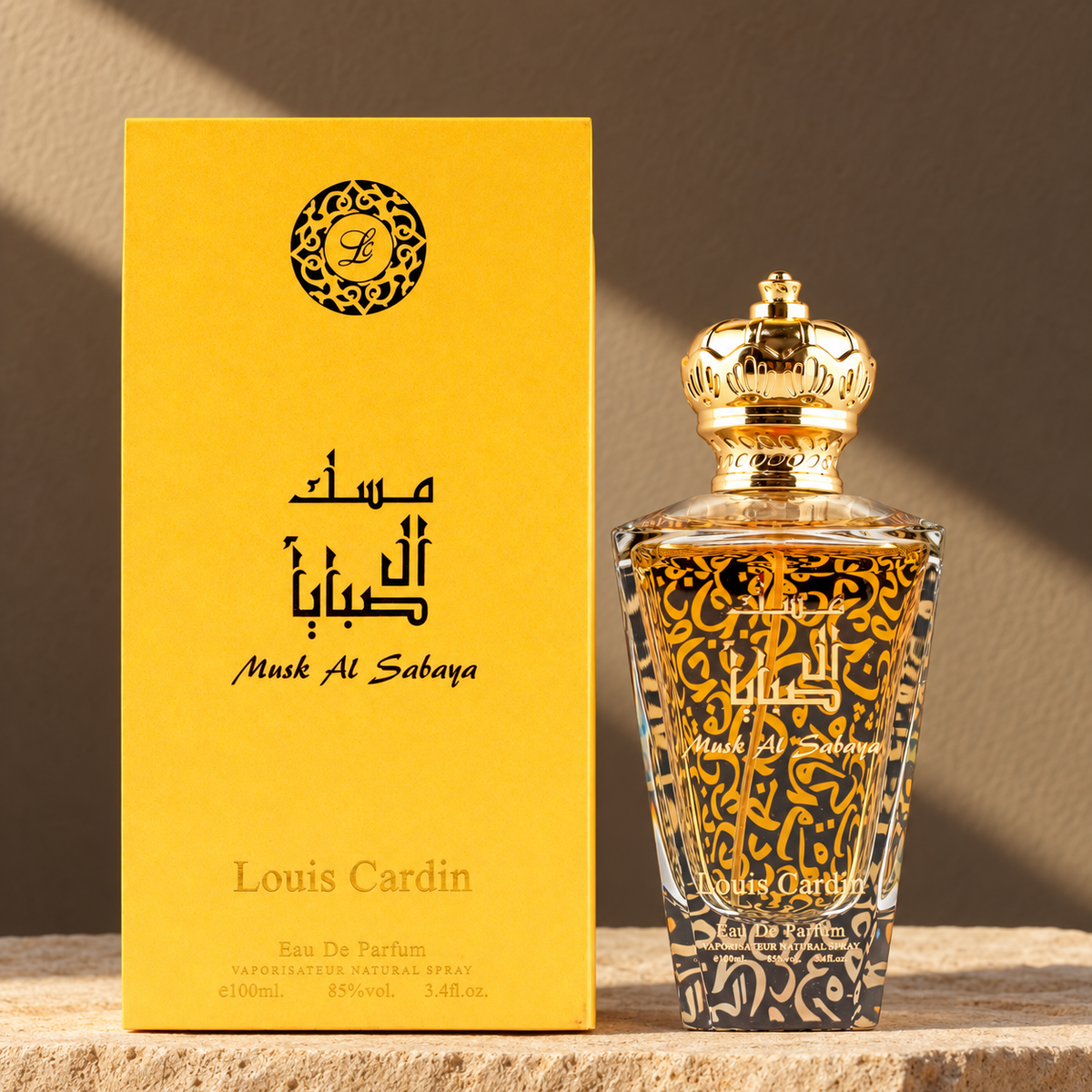 Louis Cardin Musk Al Sabaya Eau de Parfum 100ml bottle and box on a sandstone plinth
