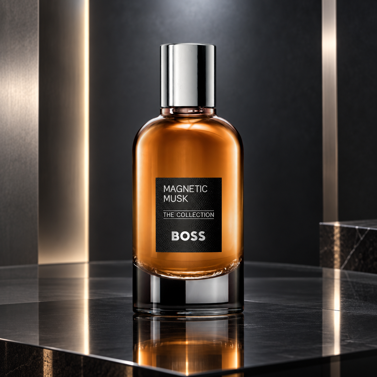 BOSS The Collection Magnetic Musk Eau de Parfum 100ml bottle on smoked glass