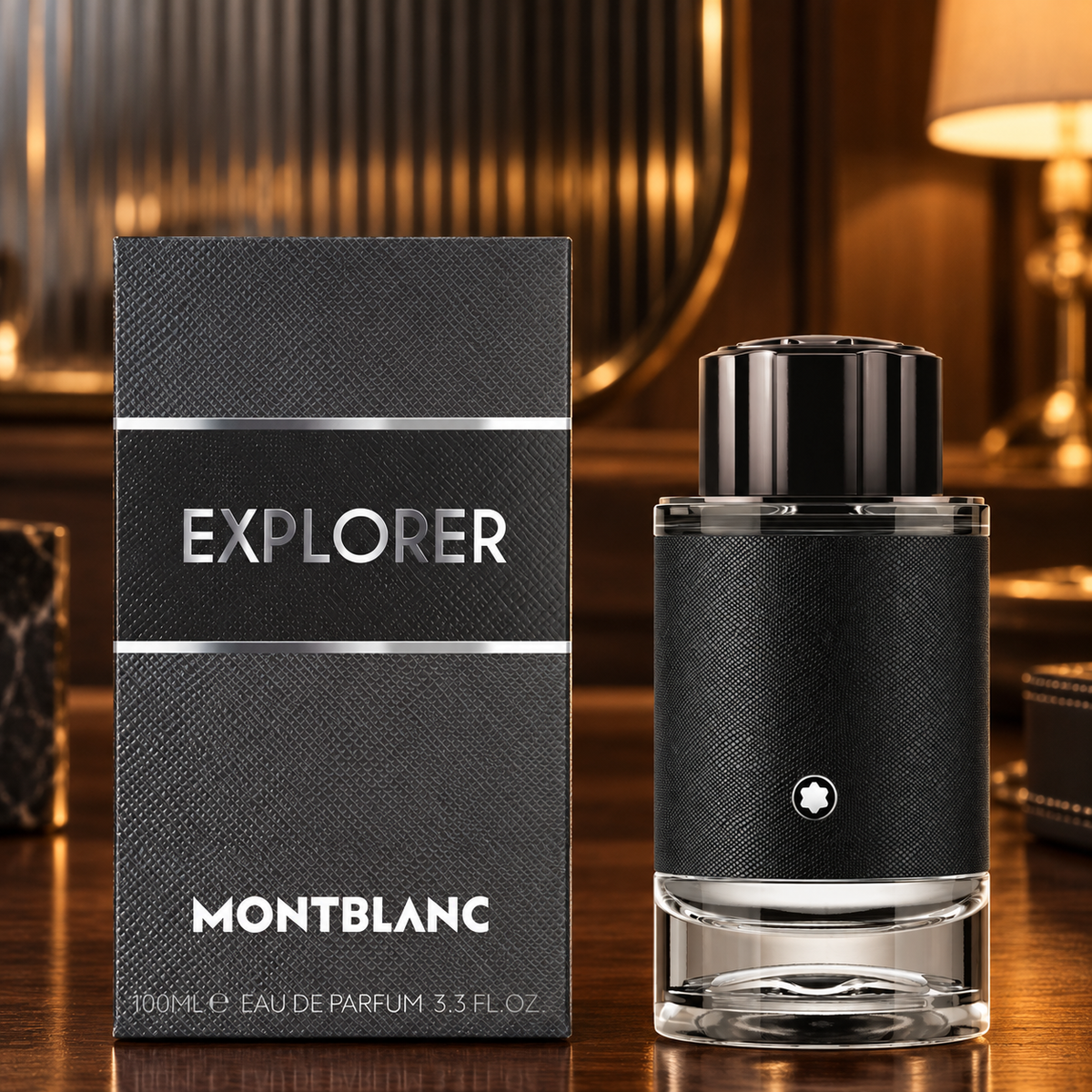 Montblanc Explorer Eau de Parfum 100ml bottle and box on a warm walnut dressing table