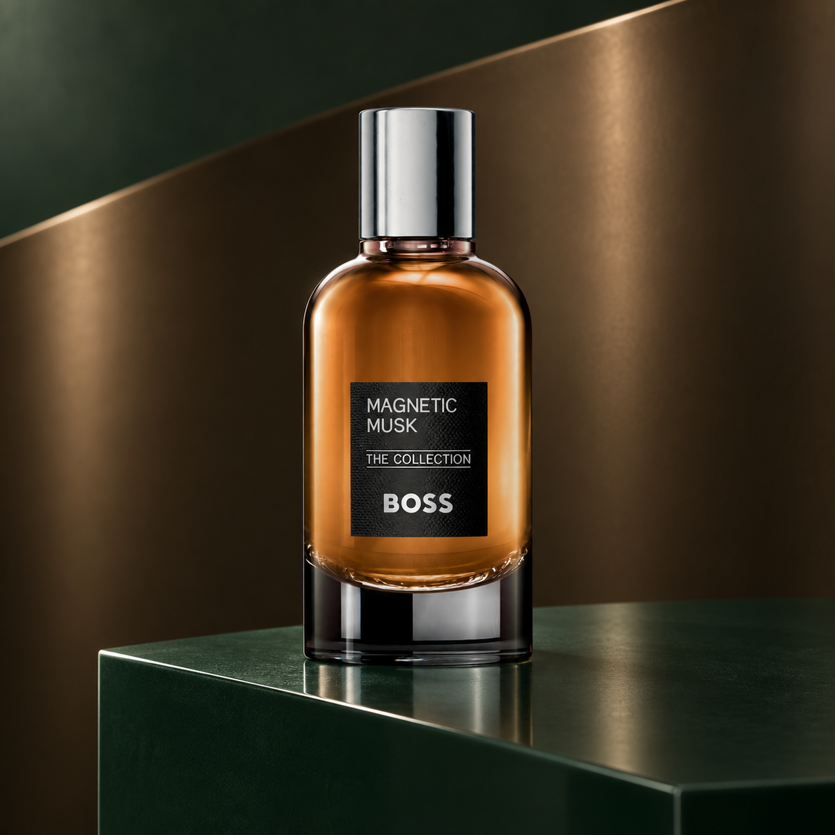 BOSS The Collection Magnetic Musk Eau de Parfum 100ml bottle in a forest-green and bronze setting