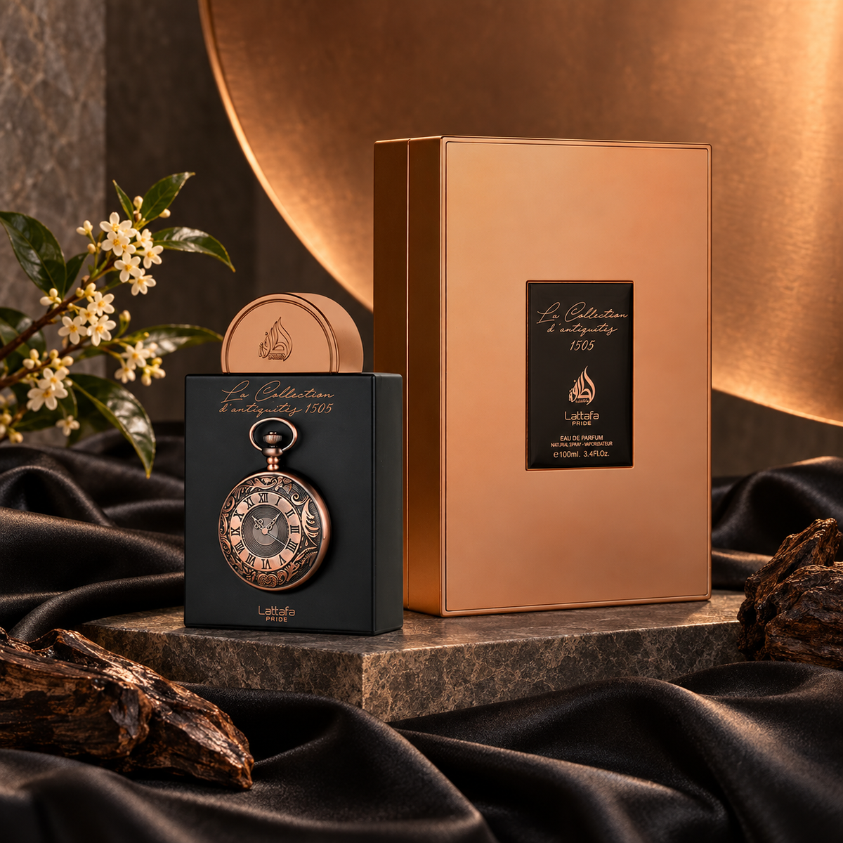 Lattafa Pride La Collection d'Antiquités 1505 Eau de Parfum 100ml bottle and box in a copper gallery with osmanthus