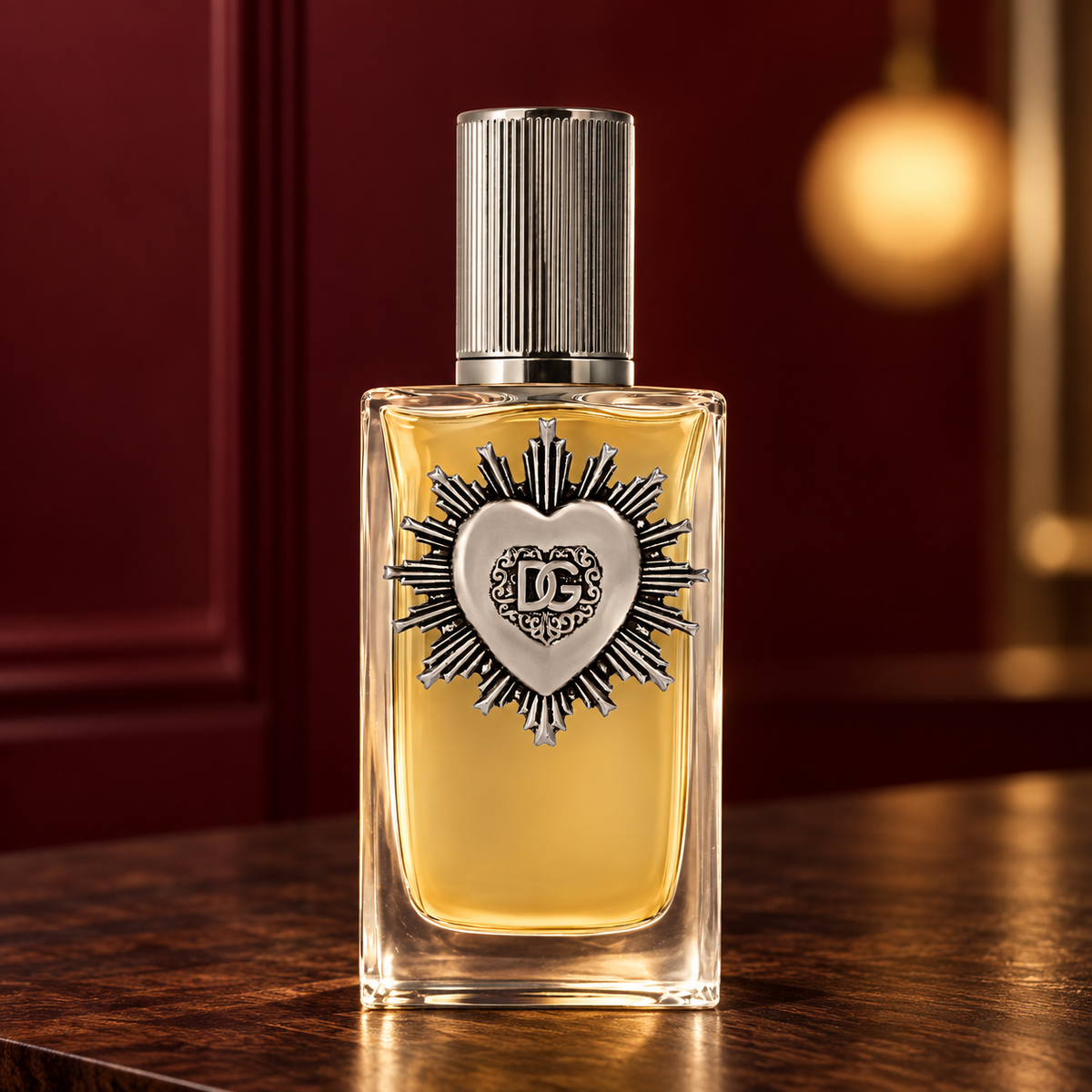 Dolce & Gabbana Devotion For Men Eau de Parfum 100ml bottle on walnut with an oxblood backdrop