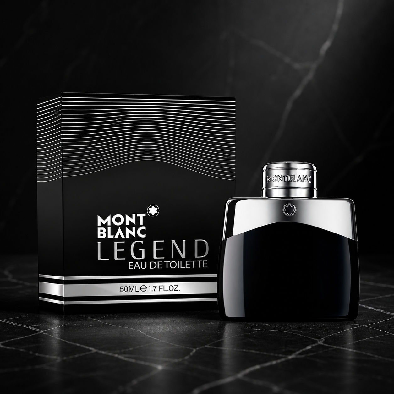 Montblanc Legend Eau de Toilette 50ml bottle and box on black marble