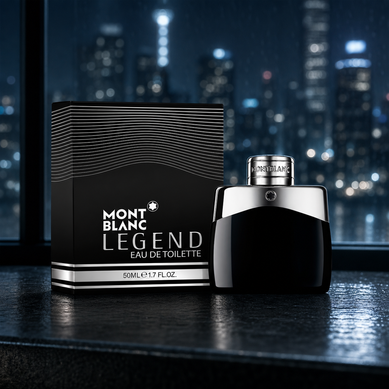 Montblanc Legend Eau de Toilette 50ml bottle and box by a night city window