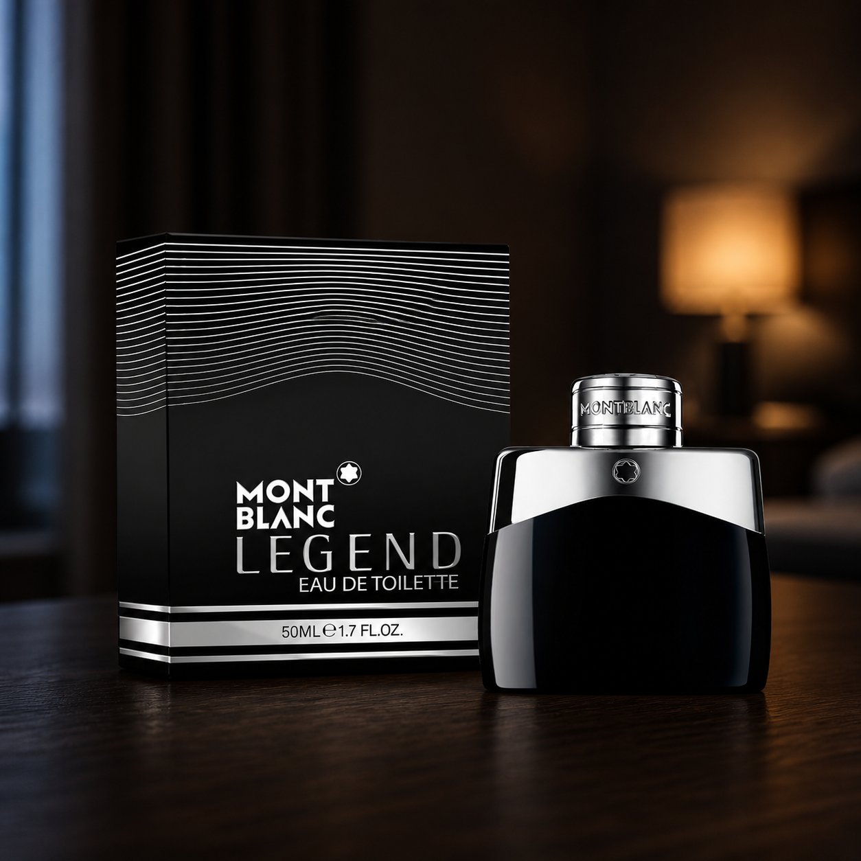 Montblanc Legend Eau de Toilette 50ml bottle and box on dark walnut
