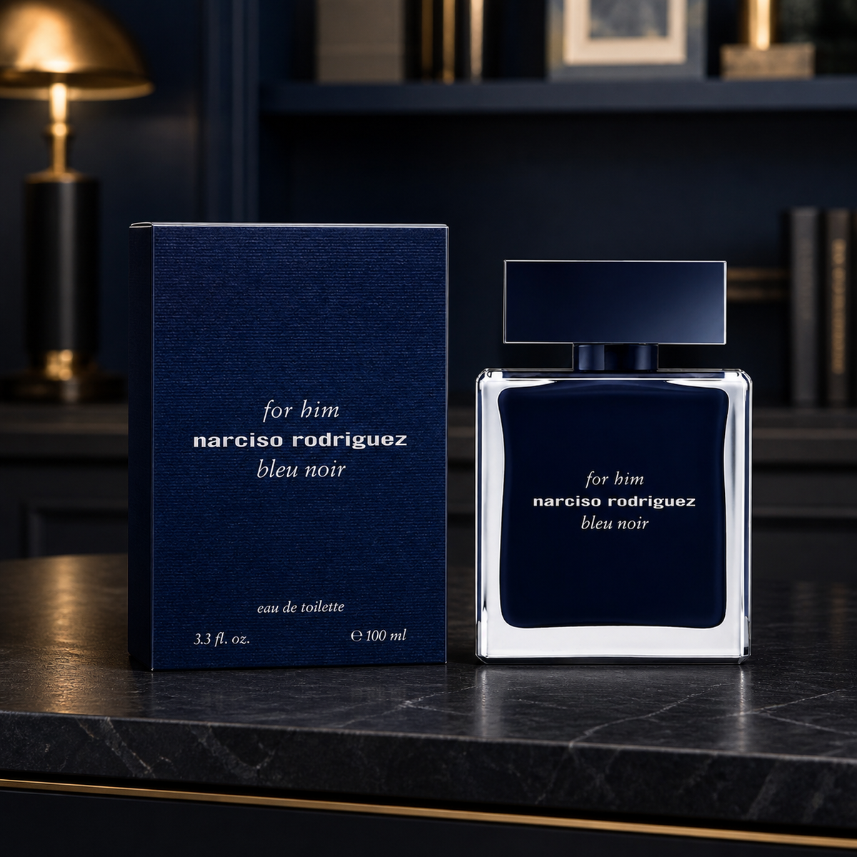 Narciso Rodriguez For Him Bleu Noir Eau de Toilette 100ml bottle and box in a private study