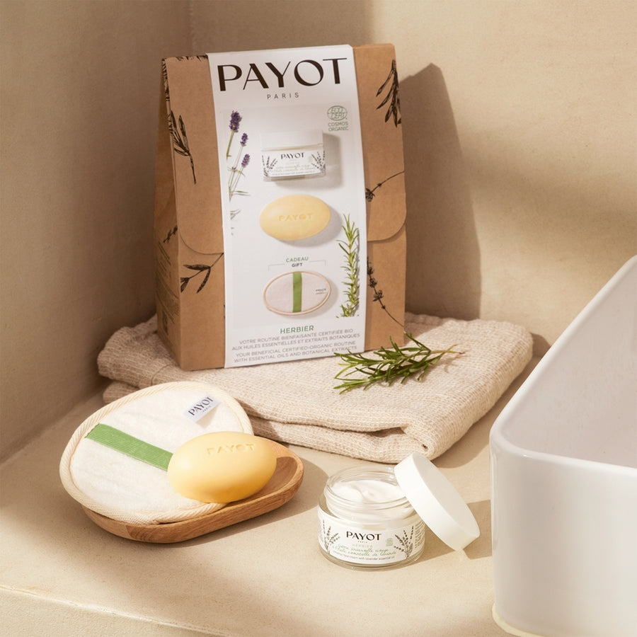 Payot Herbier Gift Set 50ml Universal Face Cream with Lavender + 100g Nourishing Face & Body Soap with Rosemary + Exfoliating Glove