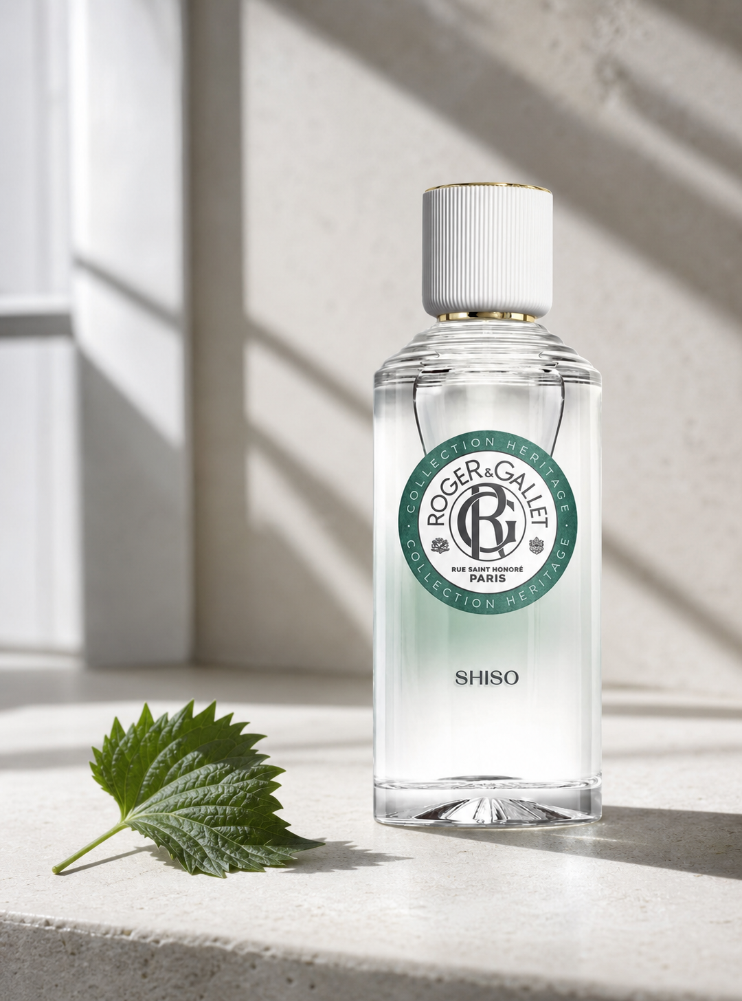 Roger & Gallet Shiso Wellbeing Scented Water 100ml in a sunlit stone setting