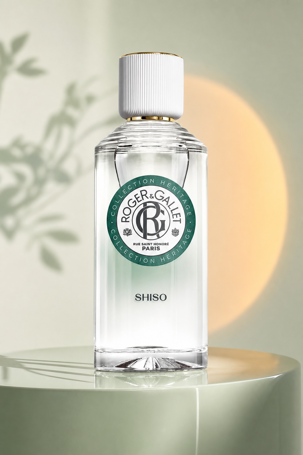 Roger & Gallet Shiso Wellbeing Scented Water 100ml on a sage pedestal
