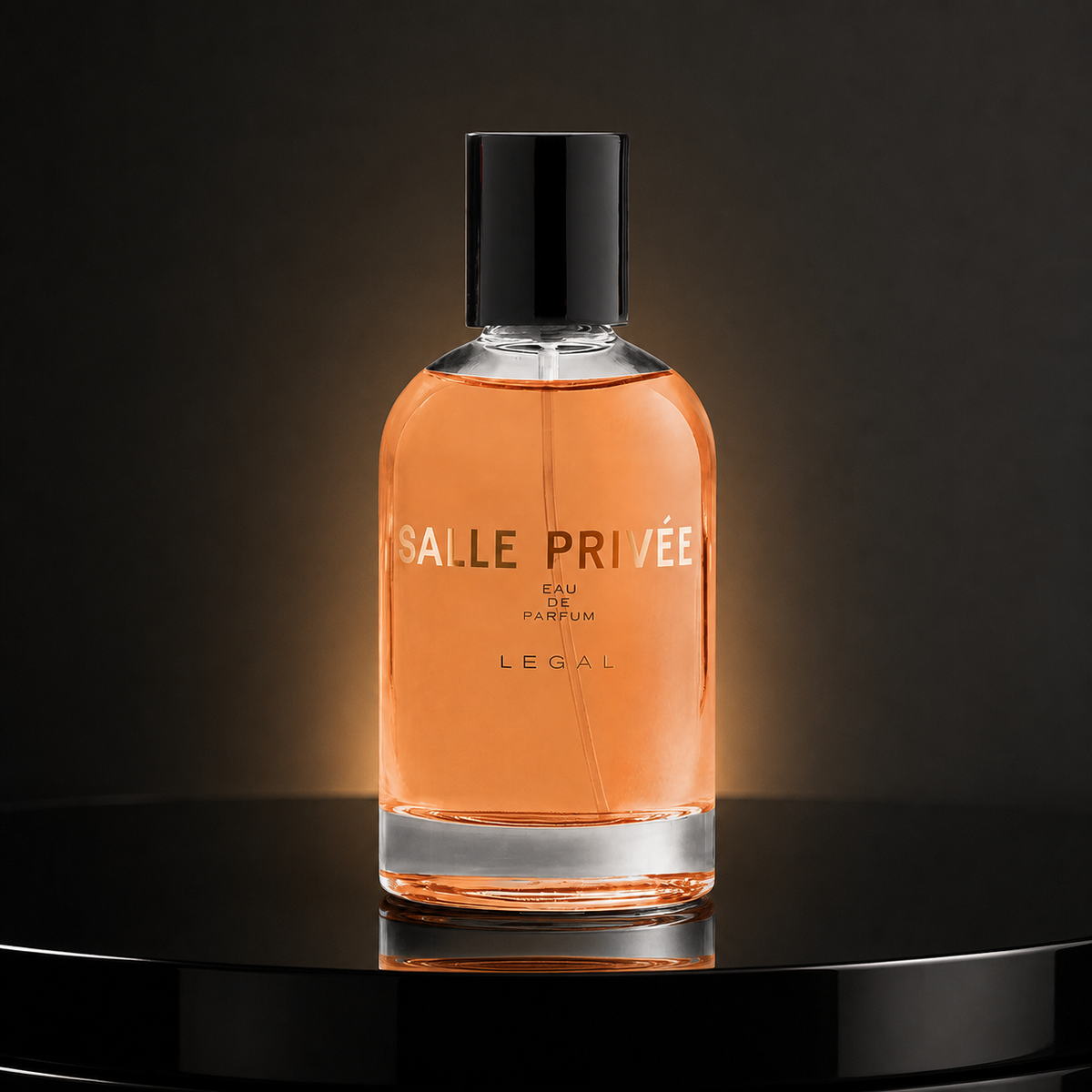 Salle Privée Legal Eau de Parfum 100ml bottle on black lacquer