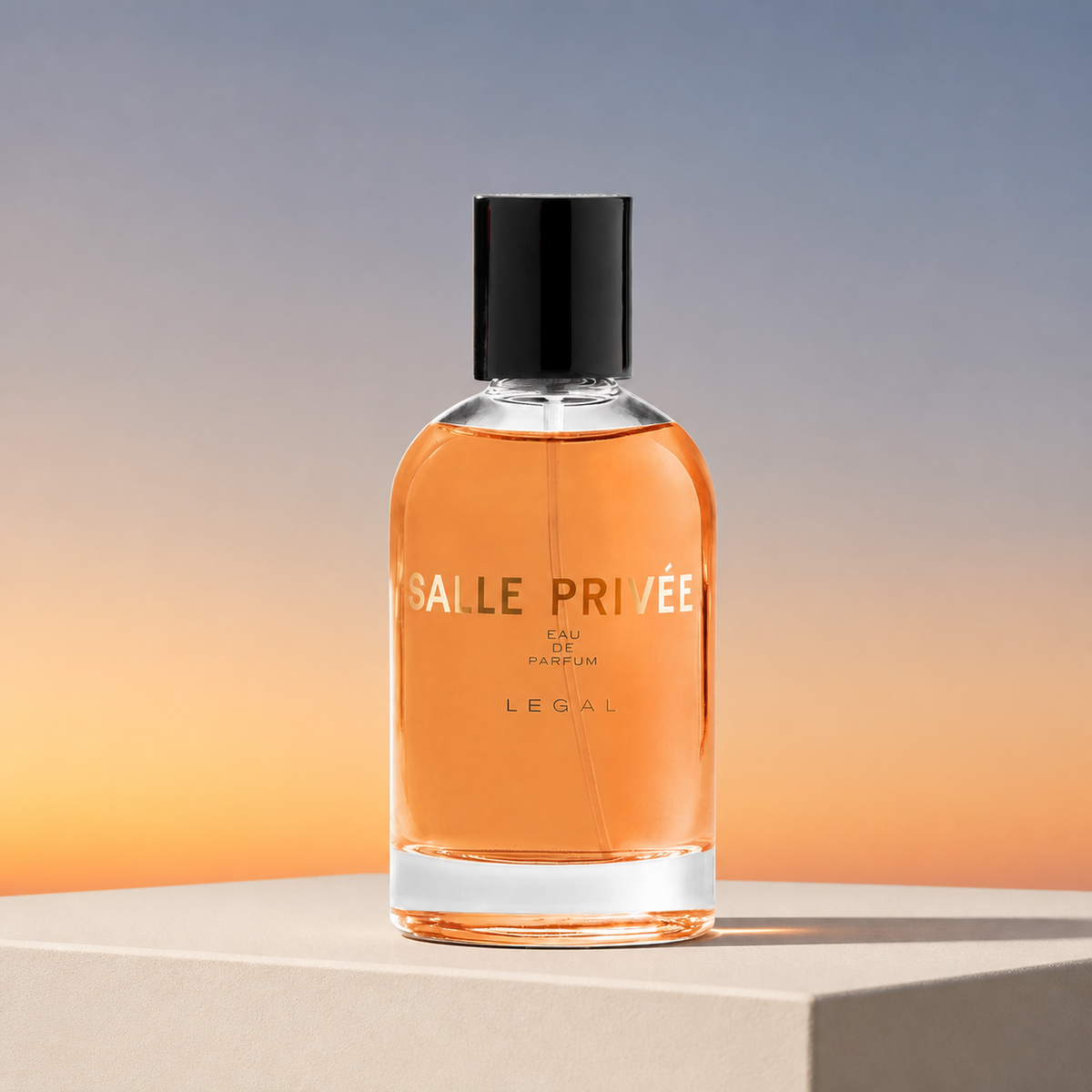 Salle Privée Legal Eau de Parfum 100ml bottle on a white sunset plinth