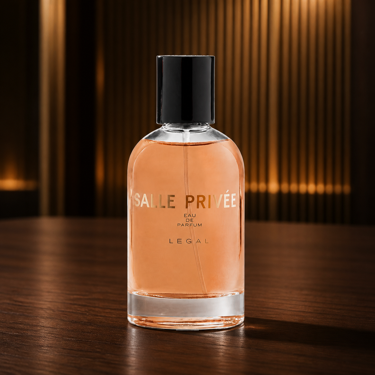 Salle Privée Legal Eau de Parfum 100ml bottle on dark walnut