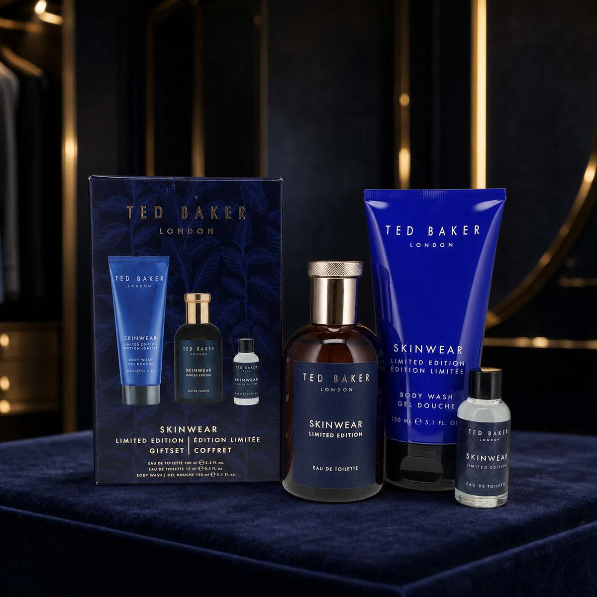 Ted Baker Skinwear Limited Edition gift set on blue velvet