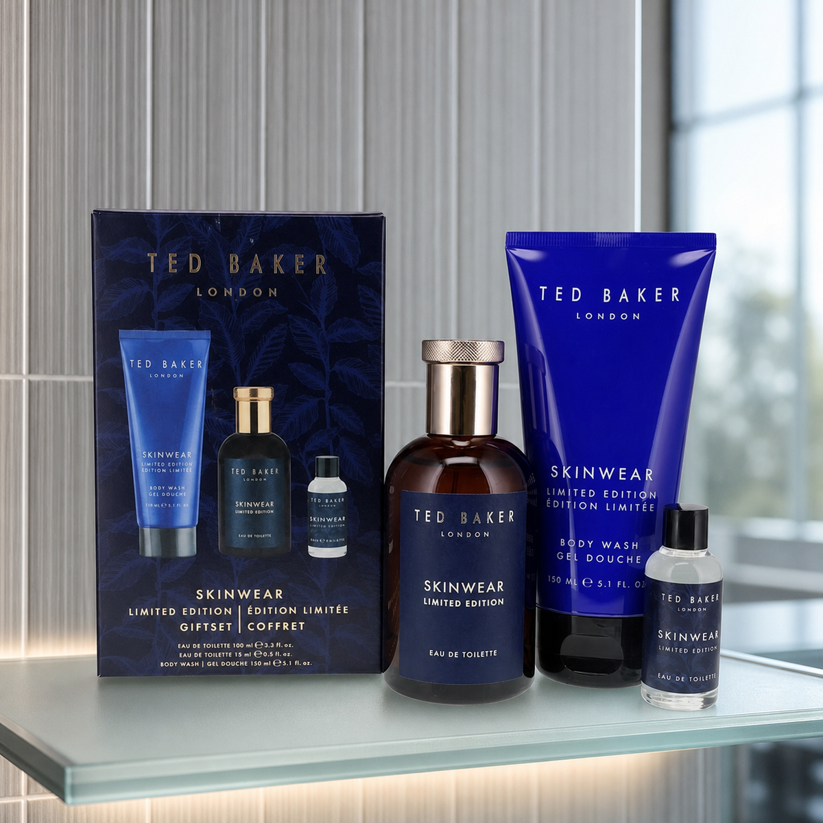 Ted Baker Skinwear Limited Edition gift set on a glass bathroom shelf
