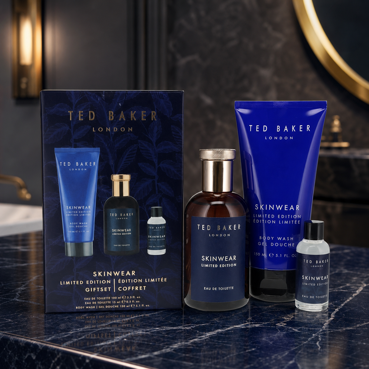Ted Baker Skinwear Limited Edition gift set on navy marble