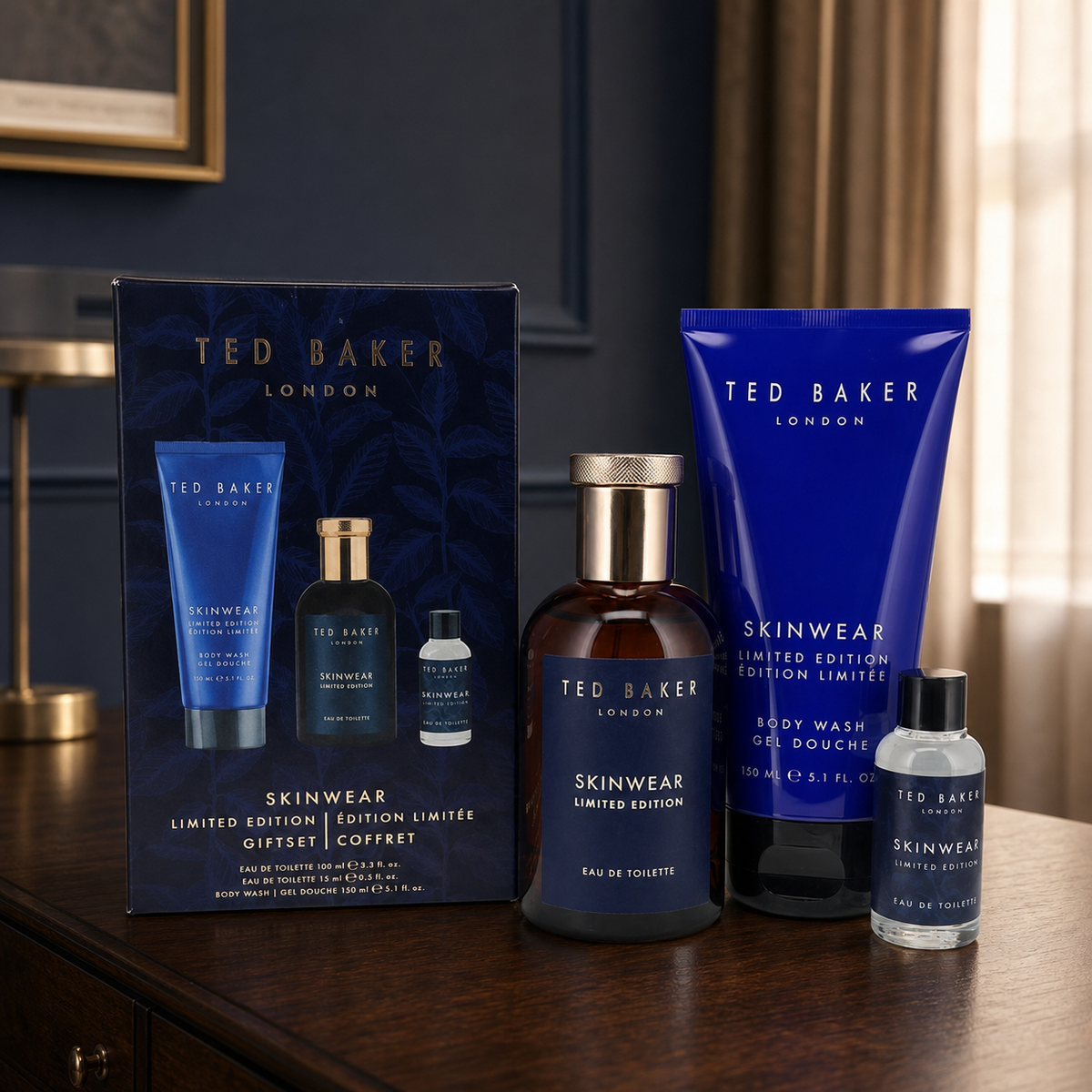 Ted Baker Skinwear Limited Edition gift set on a walnut dressing table