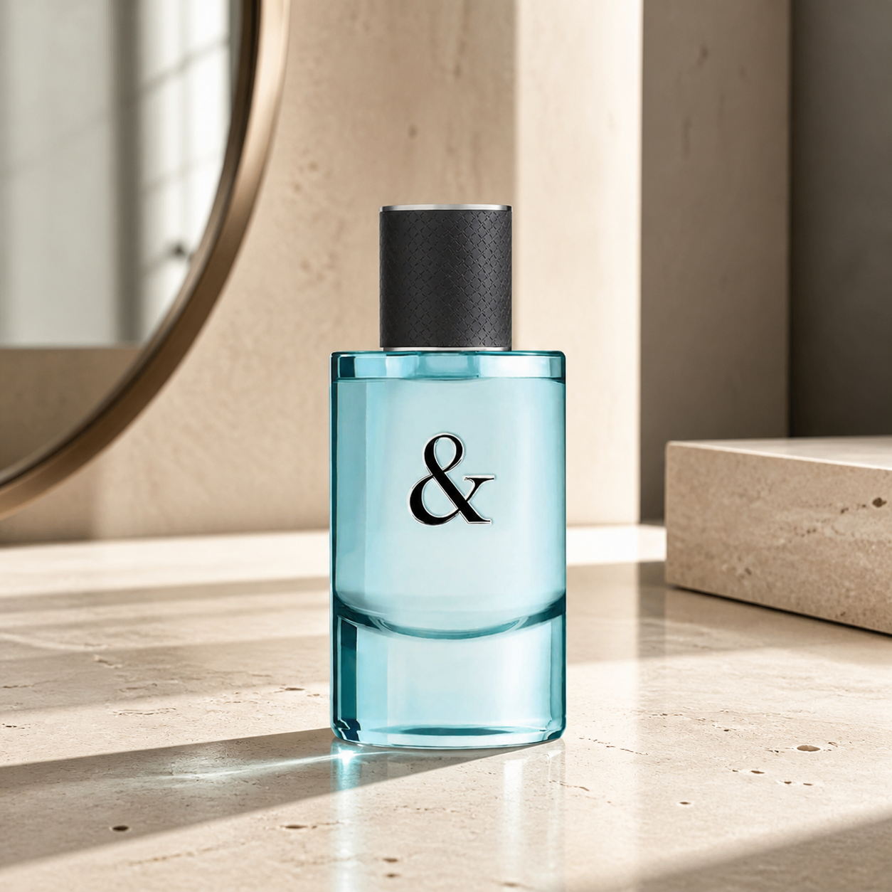 Tiffany & Co Love for Him Eau de Toilette 50ml bottle on a travertine vanity