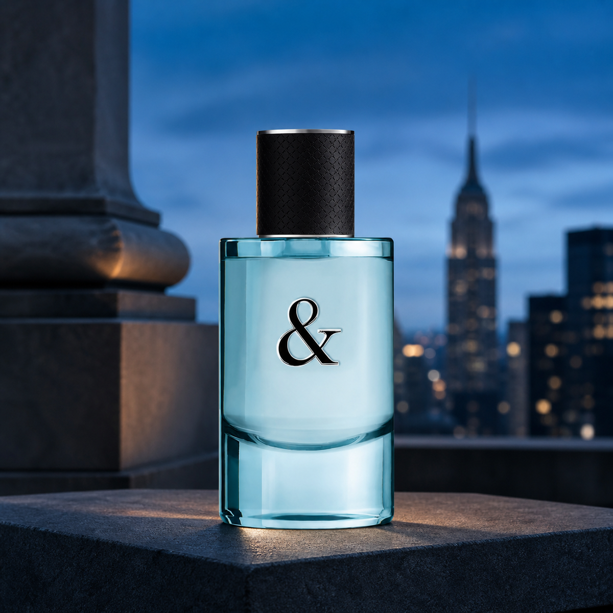 Tiffany & Co Love for Him Eau de Toilette 50ml bottle on a city terrace at dusk