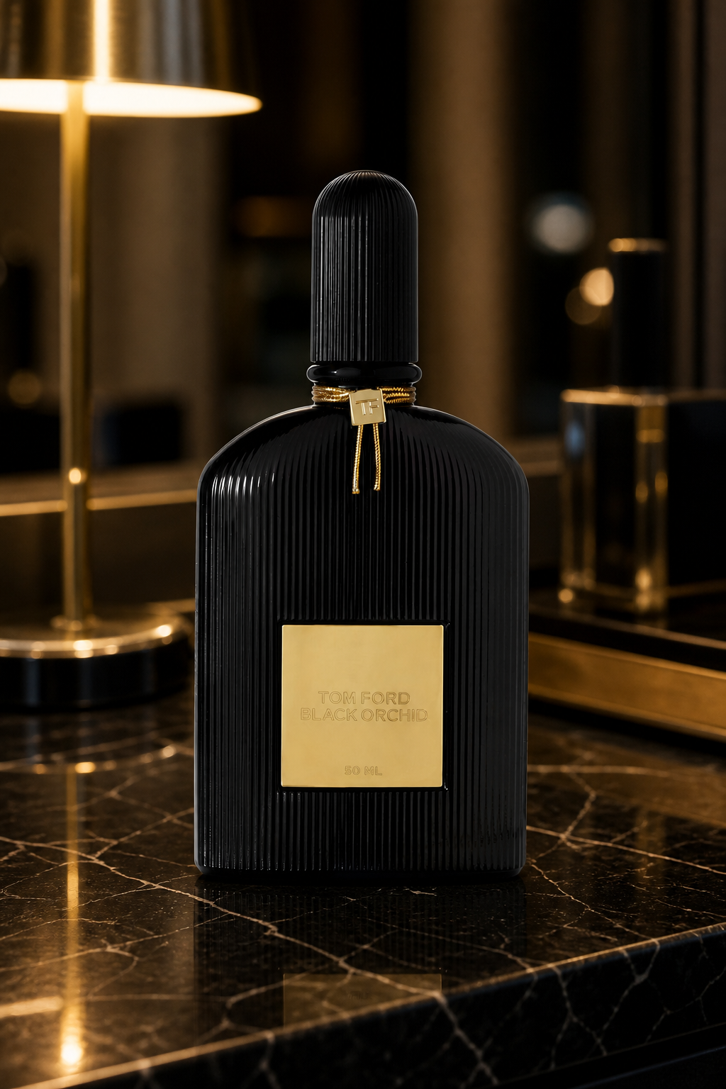 Tom Ford Black Orchid Eau de Parfum 50ml bottle on a black marble vanity