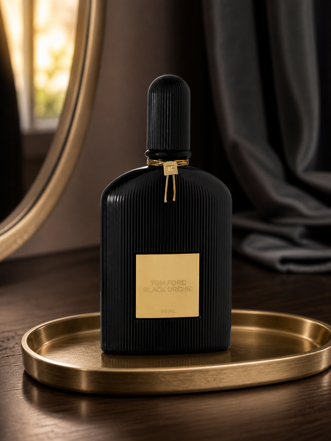 Tom Ford Black Orchid Eau de Parfum 50ml bottle on a brass tray