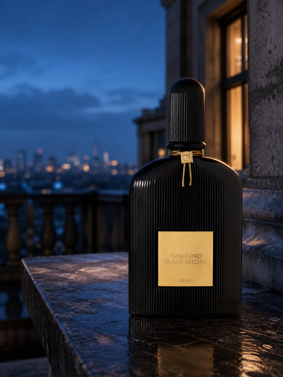 Tom Ford Black Orchid Eau de Parfum 50ml bottle on a stone terrace at dusk