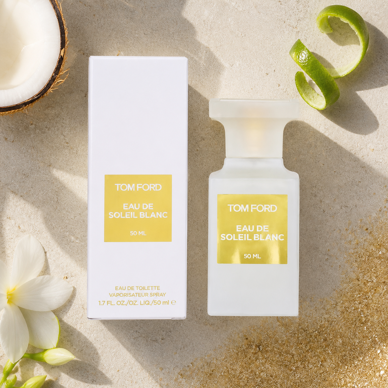 Tom Ford Eau de Soleil Blanc EDT 50ml botanical flat lay