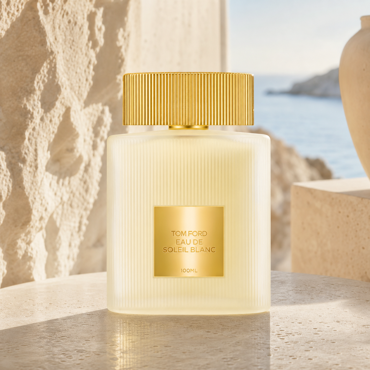 Tom Ford Eau de Soleil Blanc Eau de Toilette 100ml bottle in a sunlit stone setting