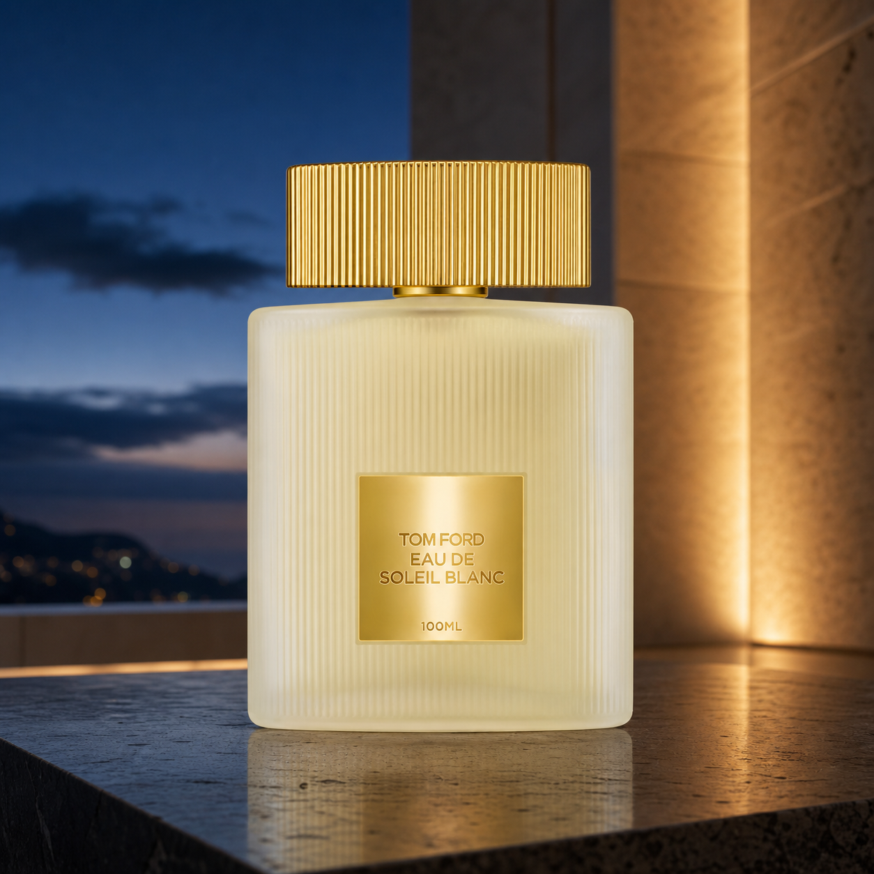 Tom Ford Eau de Soleil Blanc Eau de Toilette 100ml bottle at blue hour