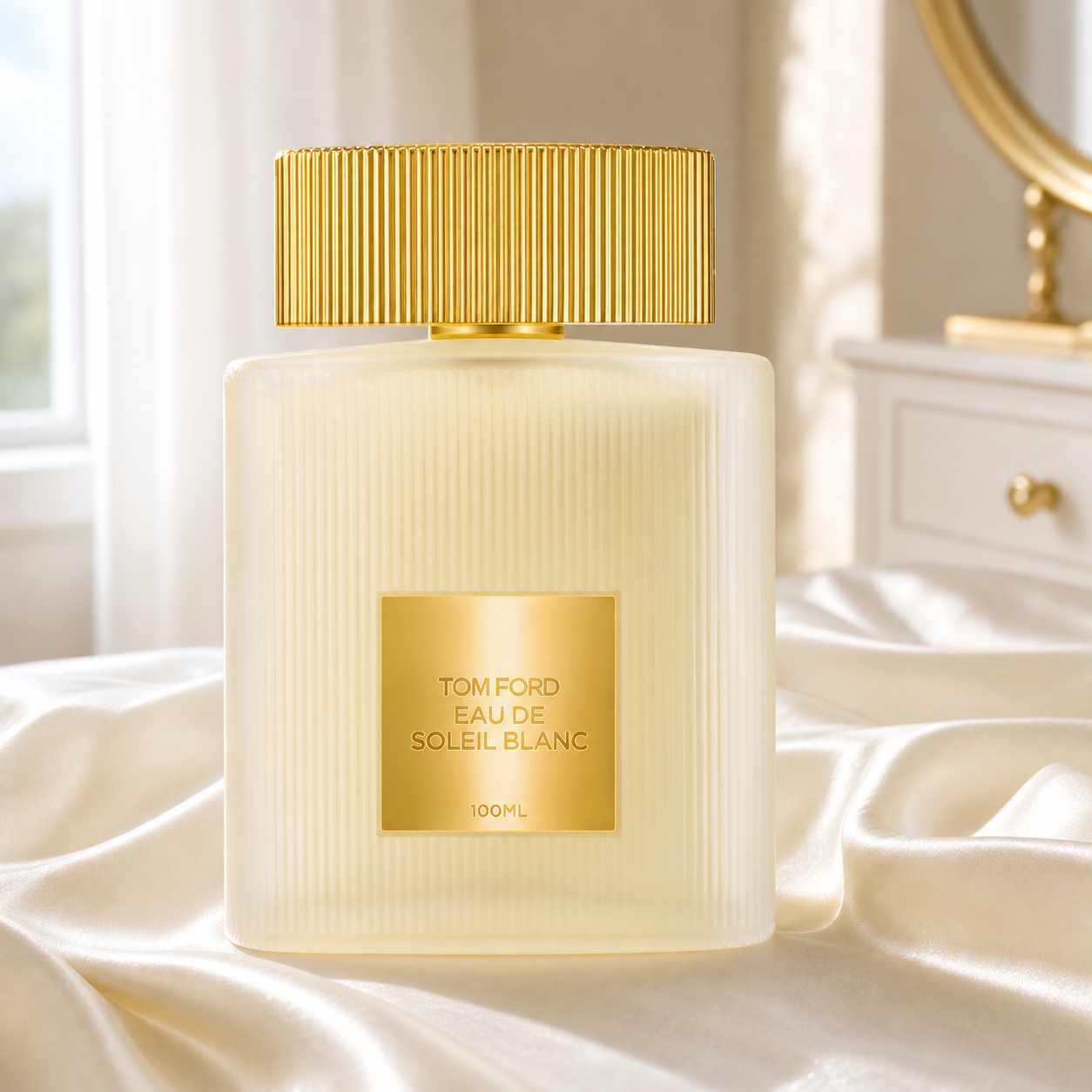 Tom Ford Eau de Soleil Blanc Eau de Toilette 100ml bottle on ivory silk