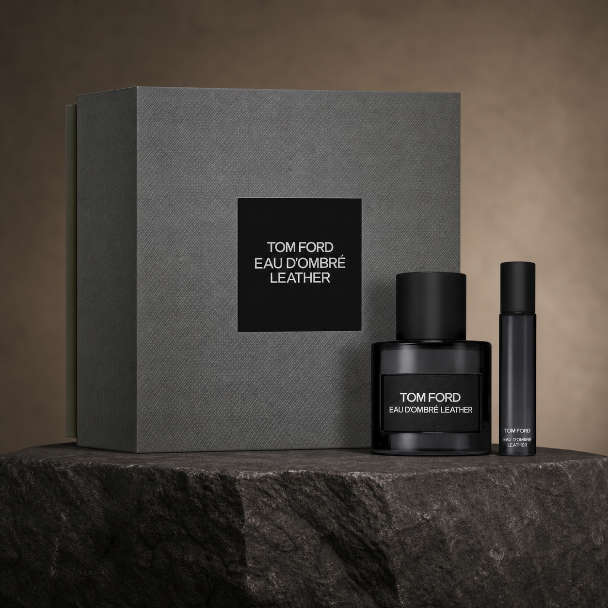 Tom Ford Eau d’Ombré Leather 50ml and 10ml gift set studio image