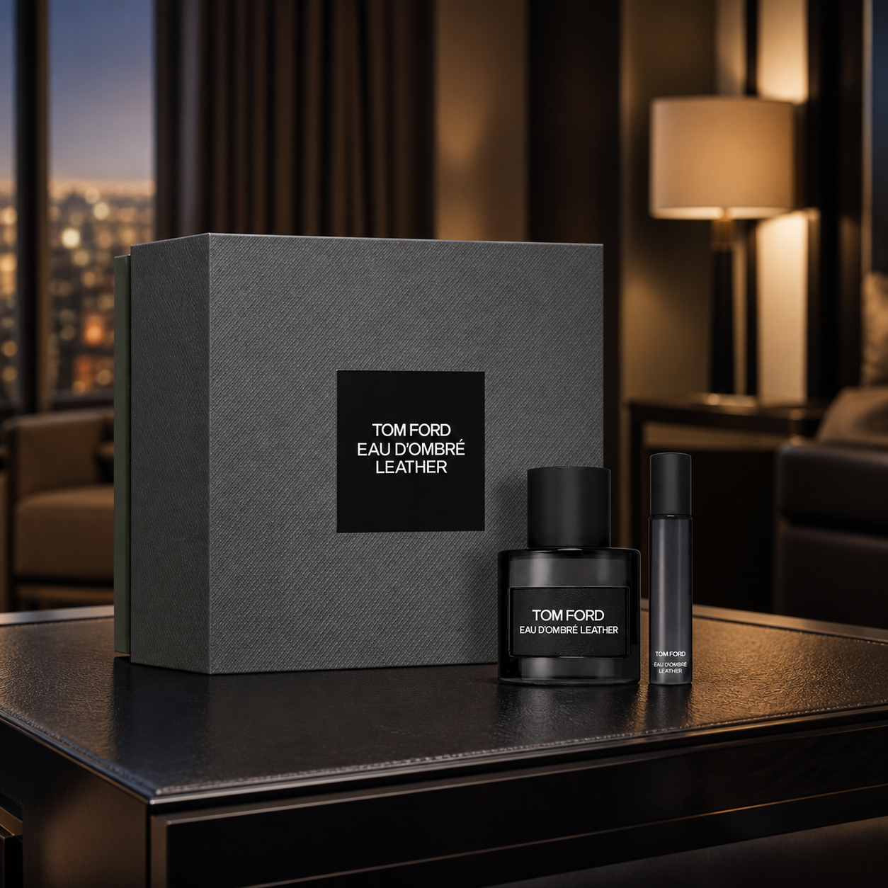 Tom Ford Eau d’Ombré Leather gift set hotel lifestyle image