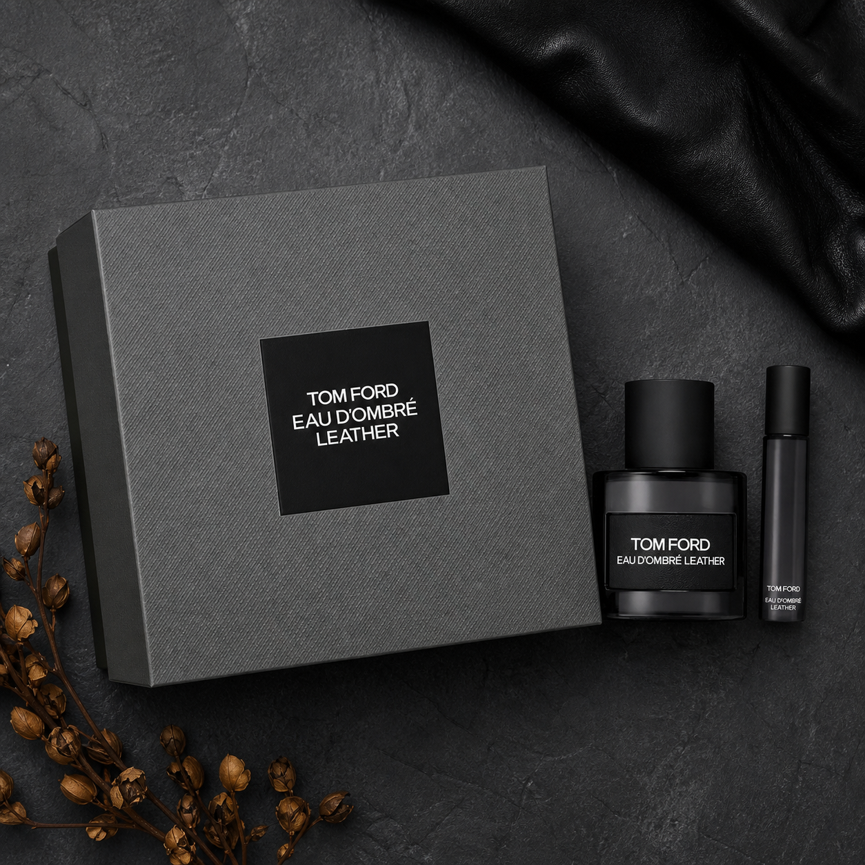 Tom Ford Eau d’Ombré Leather gift set editorial flat lay