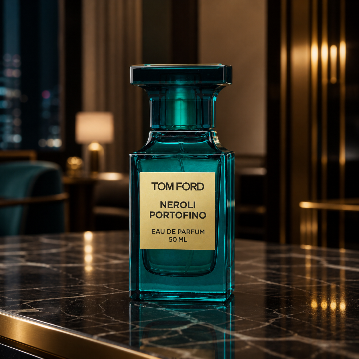 Tom Ford Neroli Portofino Eau de Parfum 50ml bottle on a dark marble console