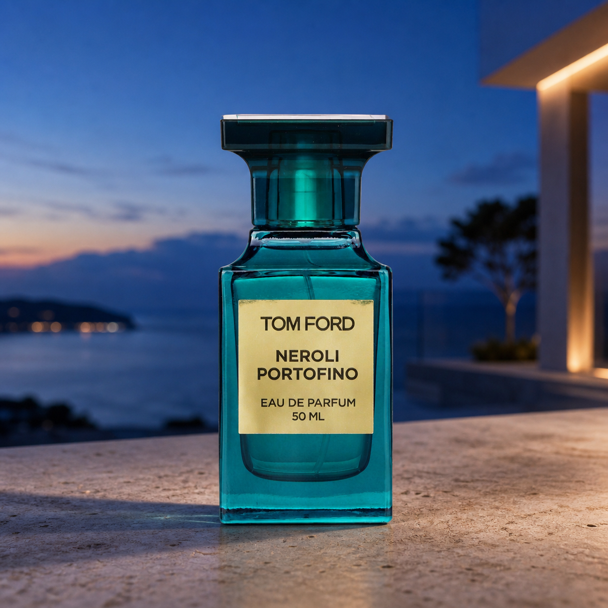 Tom Ford Neroli Portofino Eau de Parfum 50ml bottle on a coastal terrace at dusk