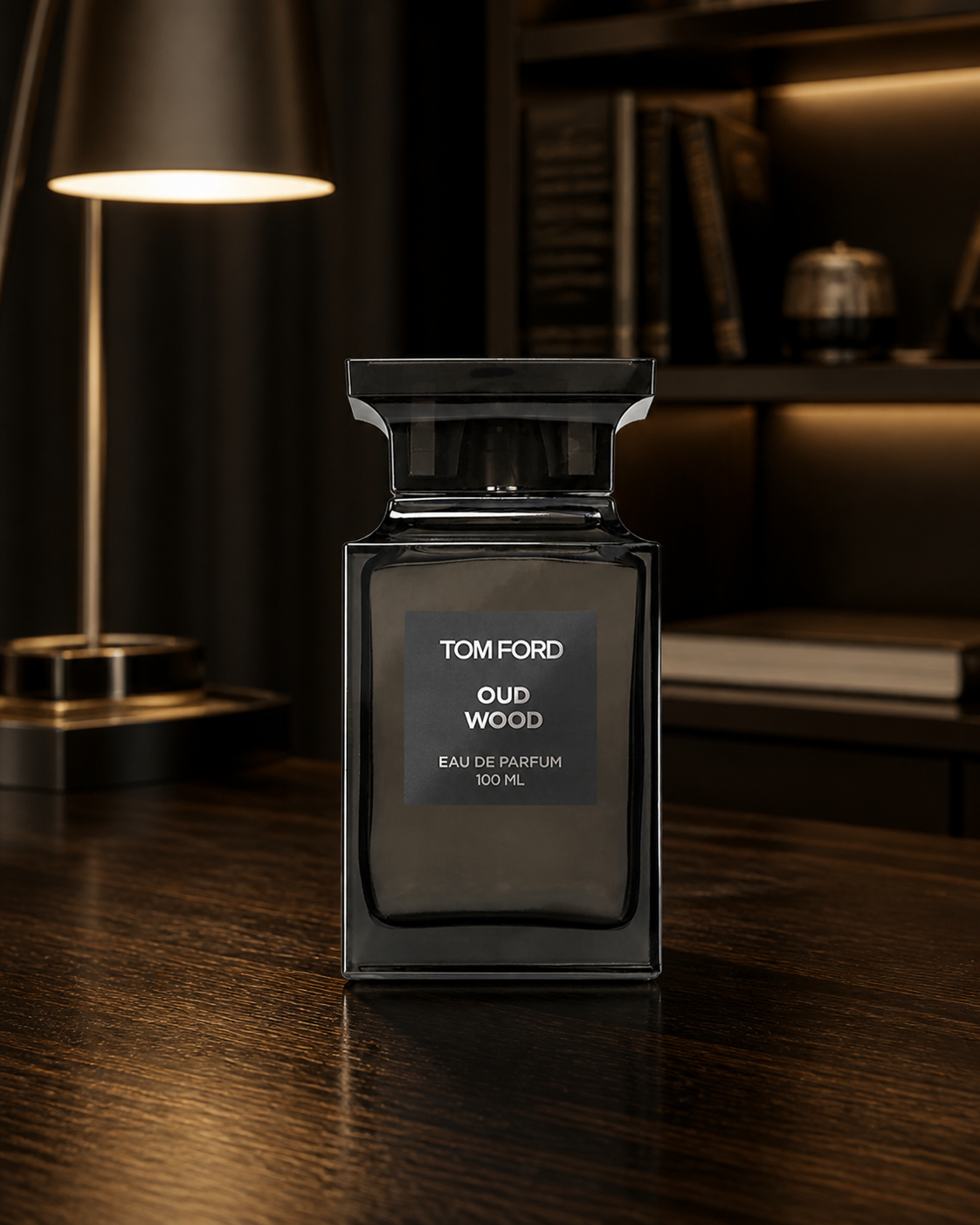 Tom Ford Oud Wood Eau de Parfum 100ml bottle on a dark wood desk