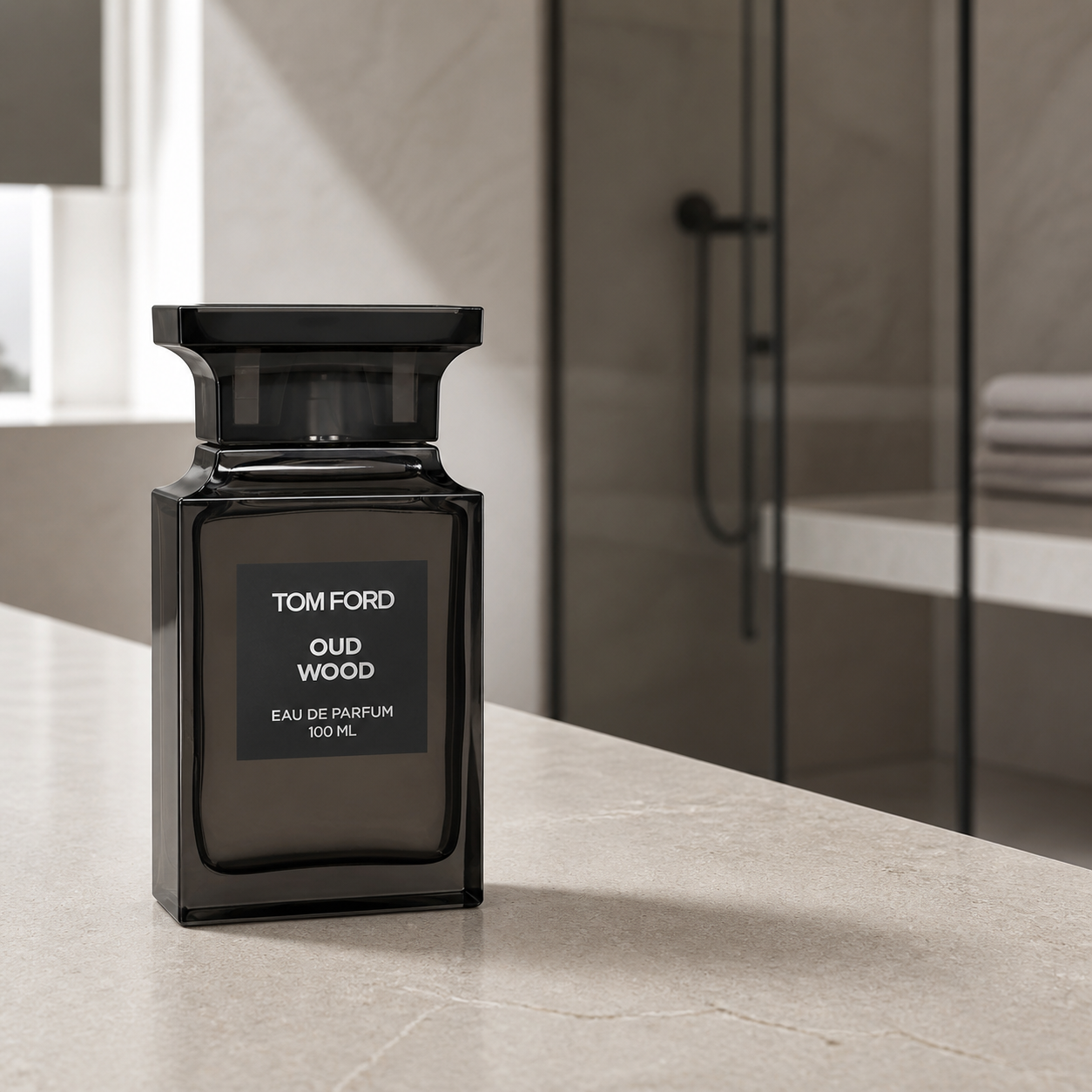 Tom Ford Oud Wood Eau de Parfum 100ml bottle in a modern bathroom