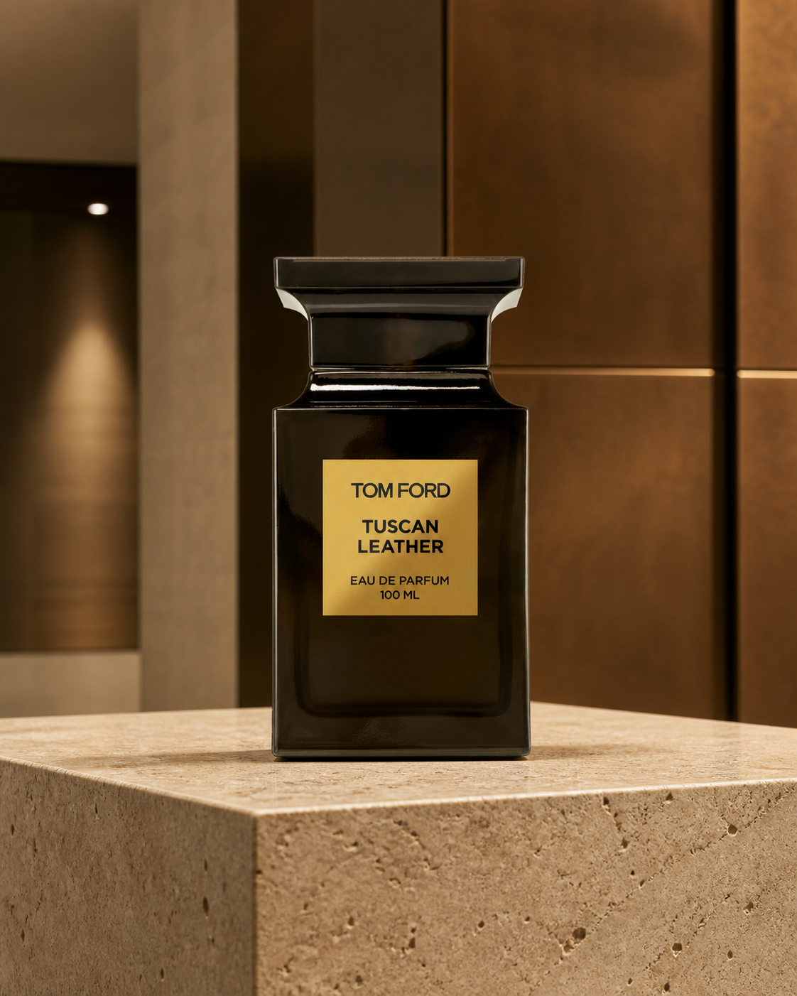 Tom Ford Tuscan Leather Eau de Parfum 100ml bottle in a contemporary gallery