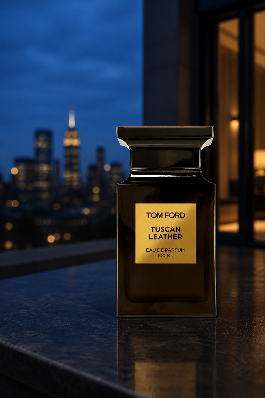 Tom Ford Tuscan Leather Eau de Parfum 100ml bottle on a city terrace at dusk