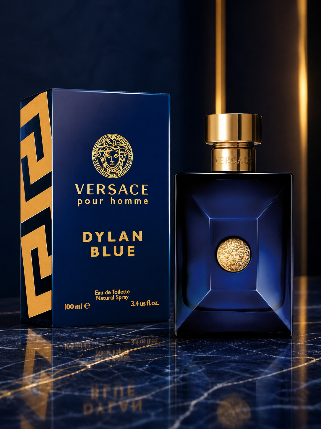 Versace Dylan Blue Eau de Toilette 100ml bottle and box on blue marble
