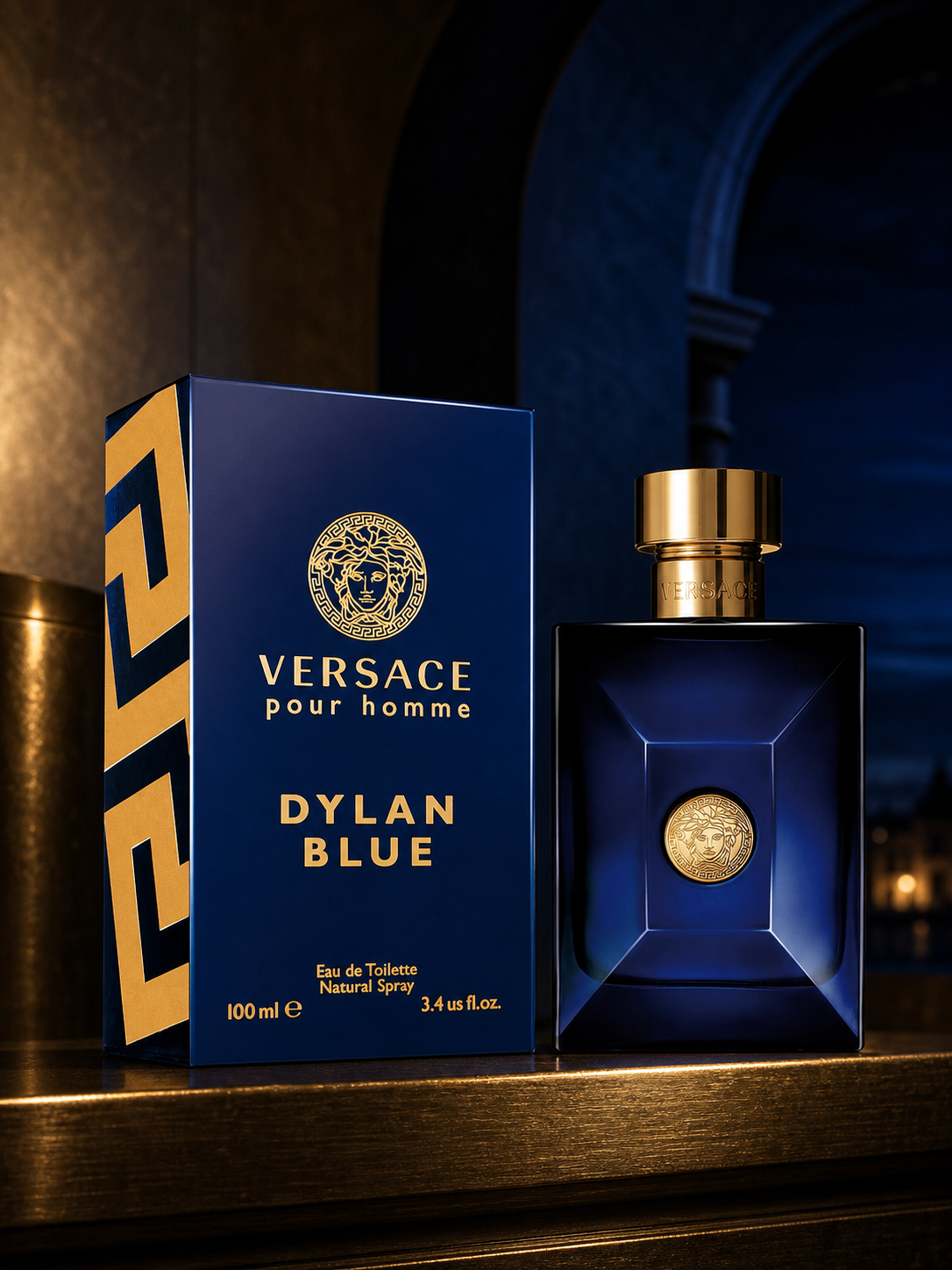 Versace Dylan Blue Eau de Toilette 100ml bottle and box in an evening setting