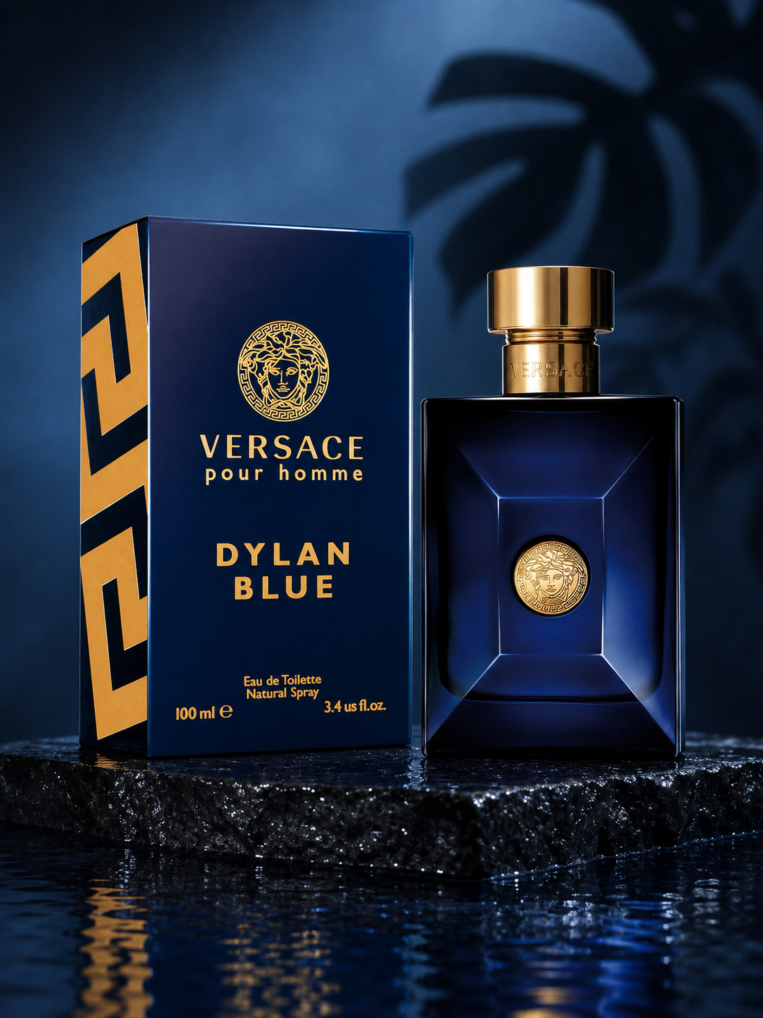 Versace Dylan Blue Eau de Toilette 100ml bottle and box on wet black stone