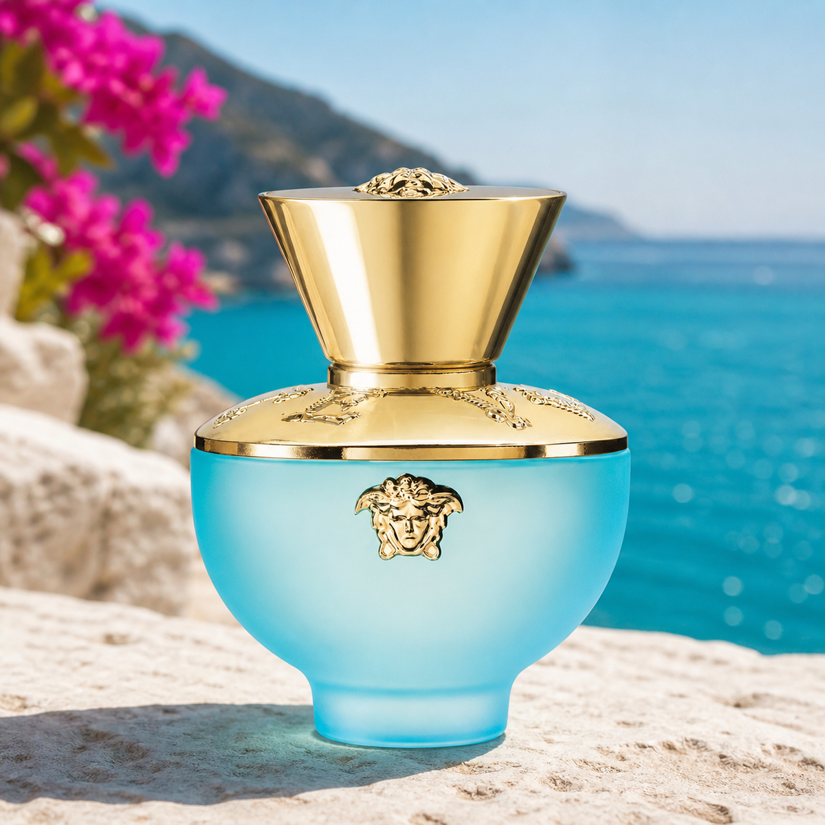 Versace Pour Femme Dylan Turquoise Eau de Toilette 100ml Mediterranean coastal lifestyle image