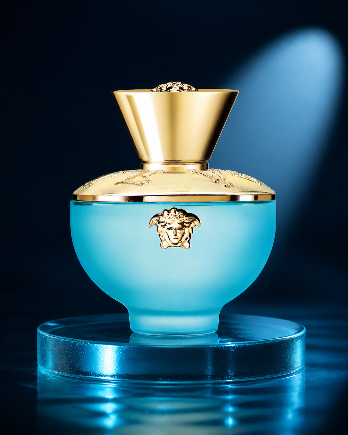 Versace Dylan Turquoise Eau de Toilette 50ml in a navy studio setting
