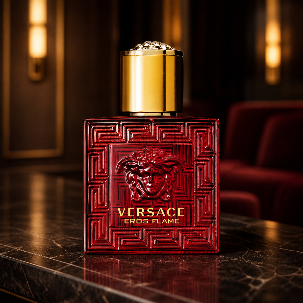 Versace Eros Flame Eau de Parfum 30ml bottle in an evening lounge