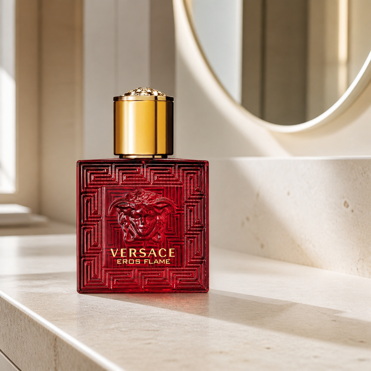 Versace Eros Flame Eau de Parfum 30ml bottle in a modern dressing area