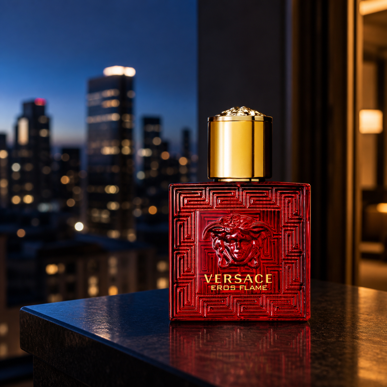 Versace Eros Flame Eau de Parfum 30ml bottle on a city terrace at dusk