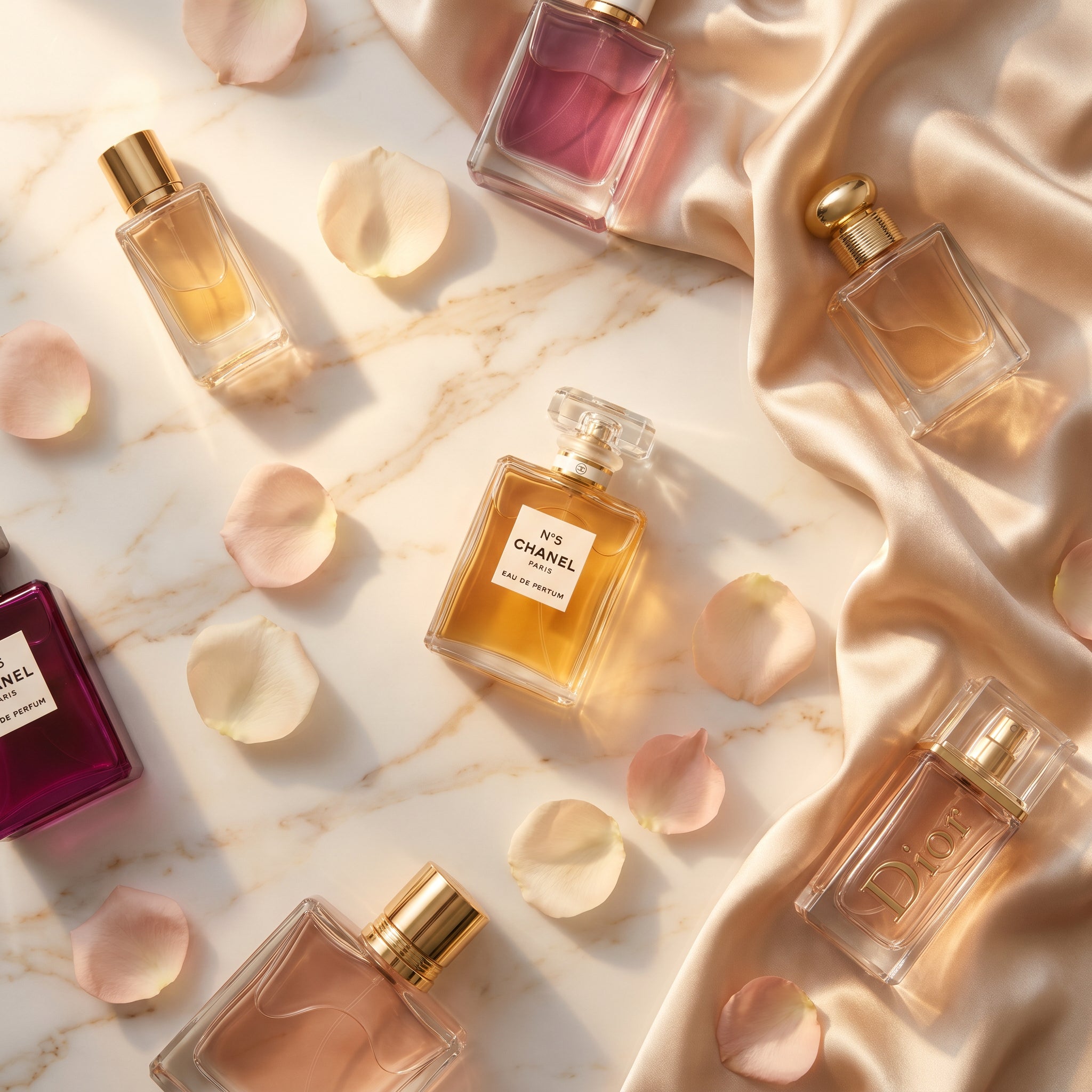 Designer fragrance collection — perfume bottles on marble